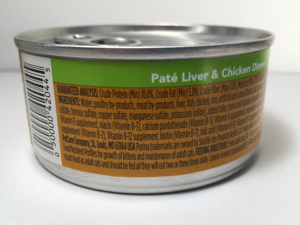 The back of one can of delicious cat food, friskies, Pate, Liver and Chicken Dinner