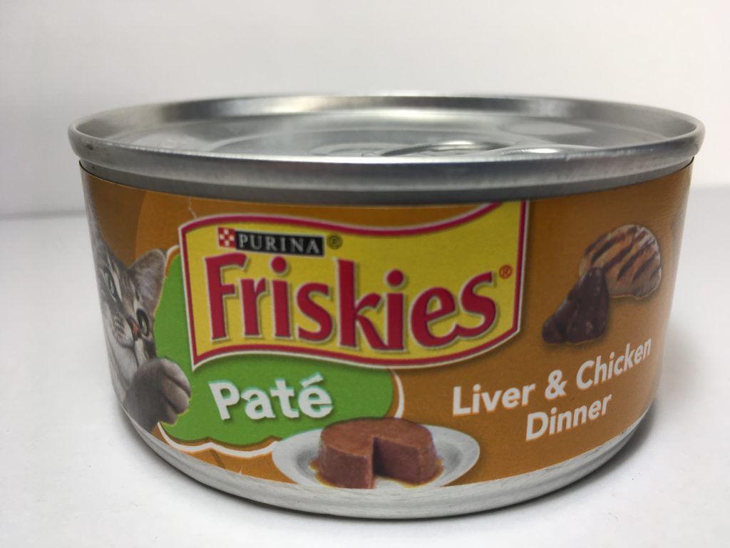 The back of one can of delicious cat food, friskies, Pate, Liver and Chicken Dinner