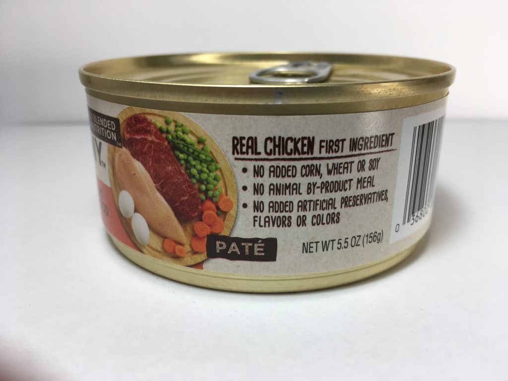 Side view of savory can of cat food, Pure Harmony, Grain Free, Chicken and Beef Recipe