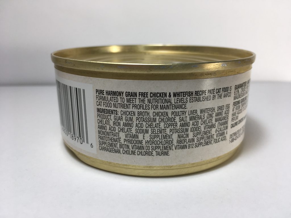 Back view of savory can of cat food, Pure Harmony, Grain Free, Chicken and Whitefish