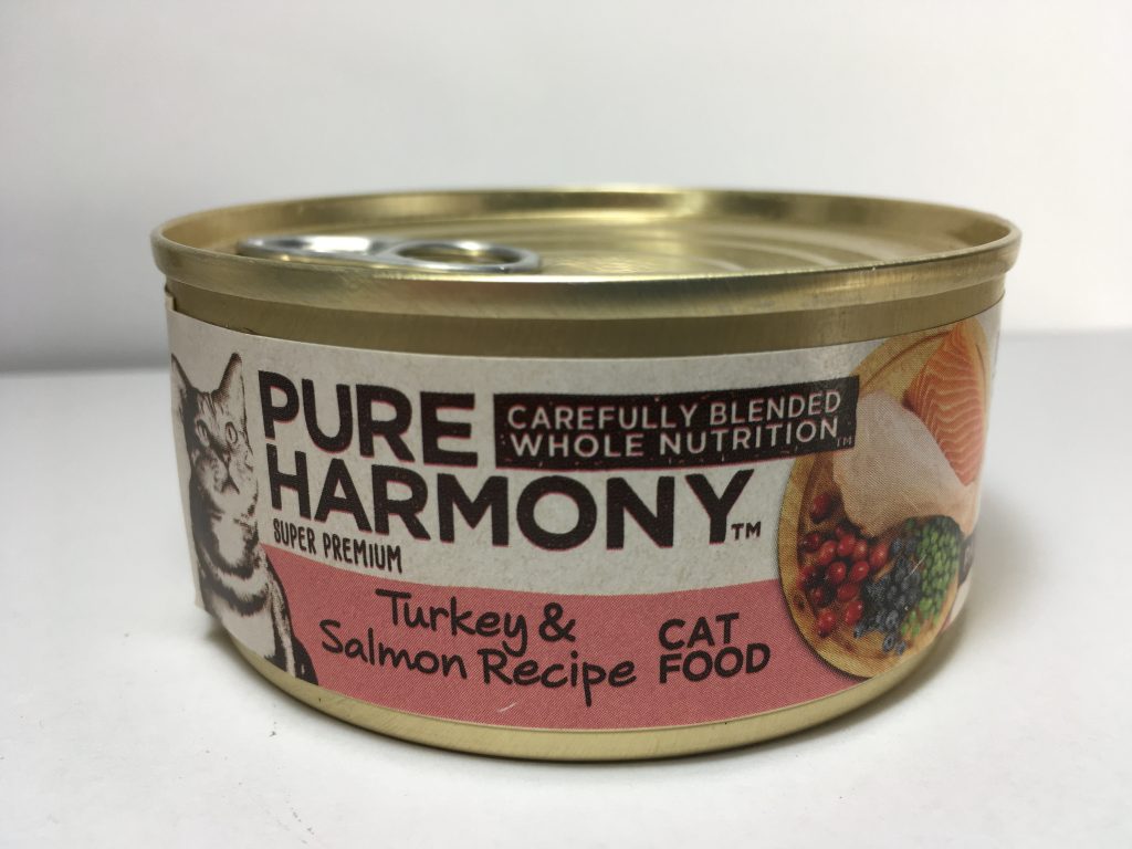 Front view of savory can of cat food, Pure Harmony, Grain Free, Turkey and Salmon Recipe