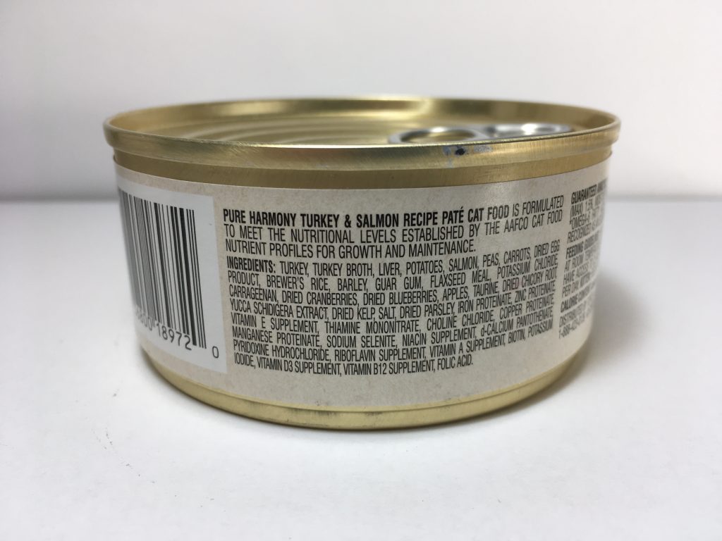 Rear view of savory can of cat food, Pure Harmony, Grain Free, Turkey and Salmon Recipe