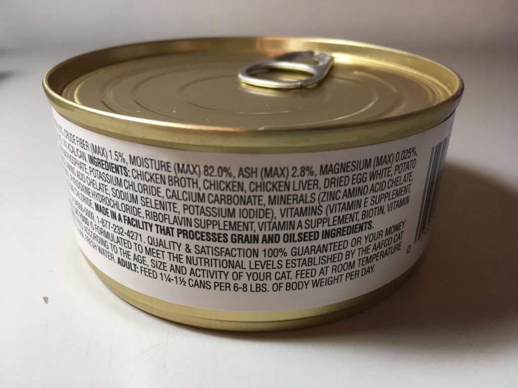 Back of tasty can of cat food, Safeway, Open Nature, Grain Free, Shredded Chicken dinner